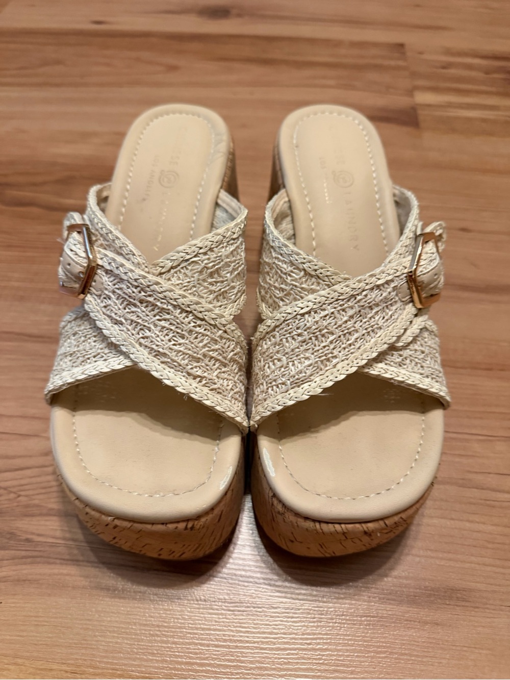 Chinese Laundry Cream Woven Cork Wedge Sandals with Buckle